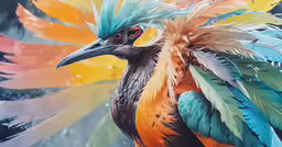 a multi - colored bird with colorful feathers on its body