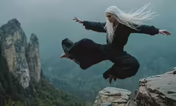 a woman in black jumps on the rocks