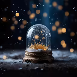 a clear snowglue filled with snow and falling stars
