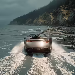 a sports car driving along the shore and splashing on the sand