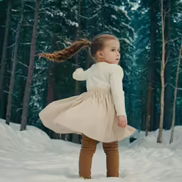 young girl wearing boots and a beige dress in a winter forest