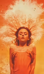a child in an orange shirt with a hair wave coming up over her head