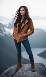 a woman wearing boots standing on top of a rock