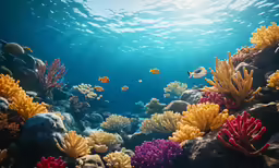 fish swimming around an underseam with corals and sponges