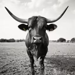 a bull with very long horns is standing by a fence