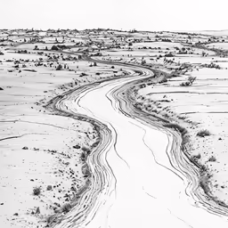 a drawing of an empty road in a barren landscape