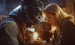 two people dressed in alien costumes look at the screen as one holds a small lit candle