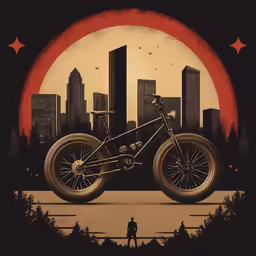 an old fashion dirt bike with city skylines
