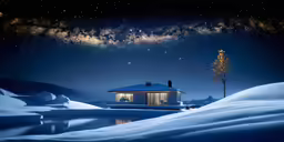 a cabin and the night sky with stars above it