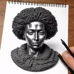 a pencil drawing of a person with a scarf on