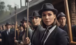 a large group of people with hats on and poles