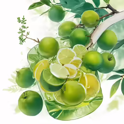 there is a painting with limes, lemons and an apple in it