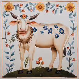 an animal painting with flower decorations on it