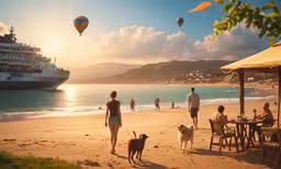 a cruise ship in the distance as people and dogs on the beach,two people walk on the beach as two hot air balloons float by