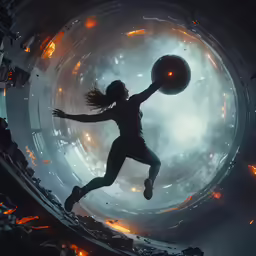 a person is jumping into the air holding a basketball