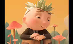 a painting of a boy in front of mushrooms