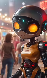 the robot is standing on a city street