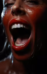a girl with her mouth open with water drops on her