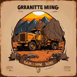 the yellow poster has a large truck in it,a poster depicting a large, yellow dump truck with mountains in the background