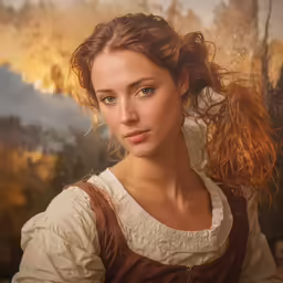 the young lady is posing for a photo in front of an old time painting