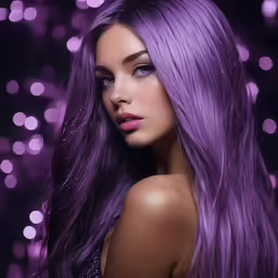 a girl with long purple hair and bright pink makeup