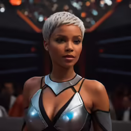 a black woman with silver armor and glasses posing for the camera