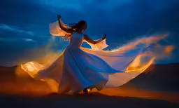 a woman with flowing wind dances on the sand dunes at night