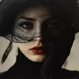 the girl with the veil on her face holds her hands over the eye