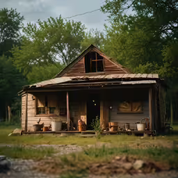 a run down home in the middle of an overgrown field,the tiny wooden house has two windows