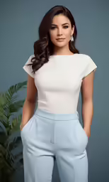 a woman wearing a white top and blue pants