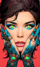 a woman with hands in front of her face and hand with blue and green paint on her arms