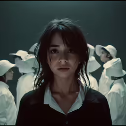 the girl in white looks at the camera as she stands with her hands in her pockets