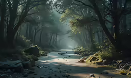 a road in the woods with rocks and trees