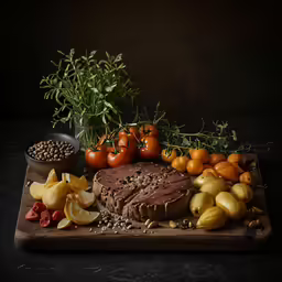 a cutting board topped with a large amount of food