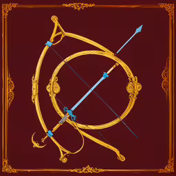 a gold bow and arrows in the middle of an ornate frame,an image of a golden bow and arrows