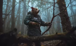 a man with bear head standing by a tree trunk in the woods