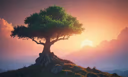 a tree with its trunk exposed while the sun sets,a single tree standing on a hill with a sunset behind it