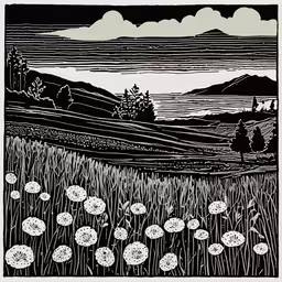 black and white photo of flower in field,a black and white illustration of dandelions in a field