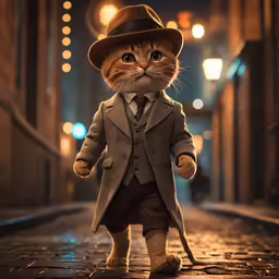 a cat dressed up as a man walking on a brick street
