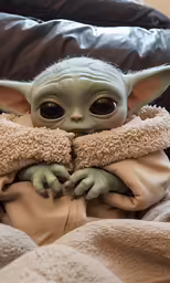 the baby yoda doll is dressed up with an outfit