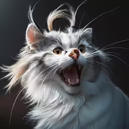 the white cat is very hairy and has a funny look on its face