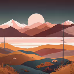 two telephone poles stand out in the mountains,a colorful, surreal picture of mountains and land