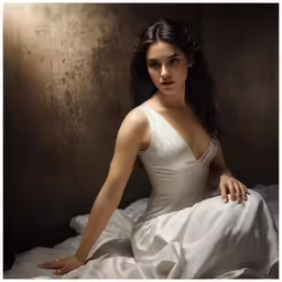 a woman is sitting down in a white dress