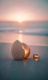 two pebbles sitting on top of the beach near an egg