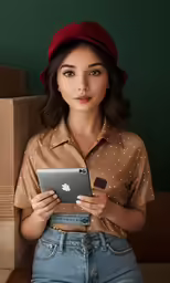 the young woman is holding an ipad