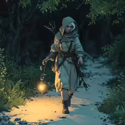 a girl in a hooded jacket carrying a lantern