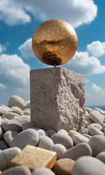 a golden object sitting on top of a rock