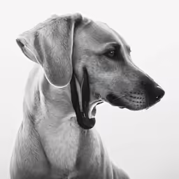 an all white dog has a telephone receiver on his head