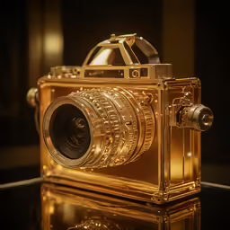 an old fashioned gold camera sits on a shiny surface