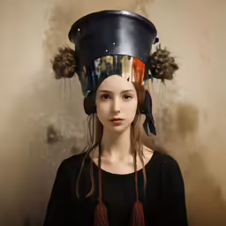 a woman with a very unique hat that looks like a bucket